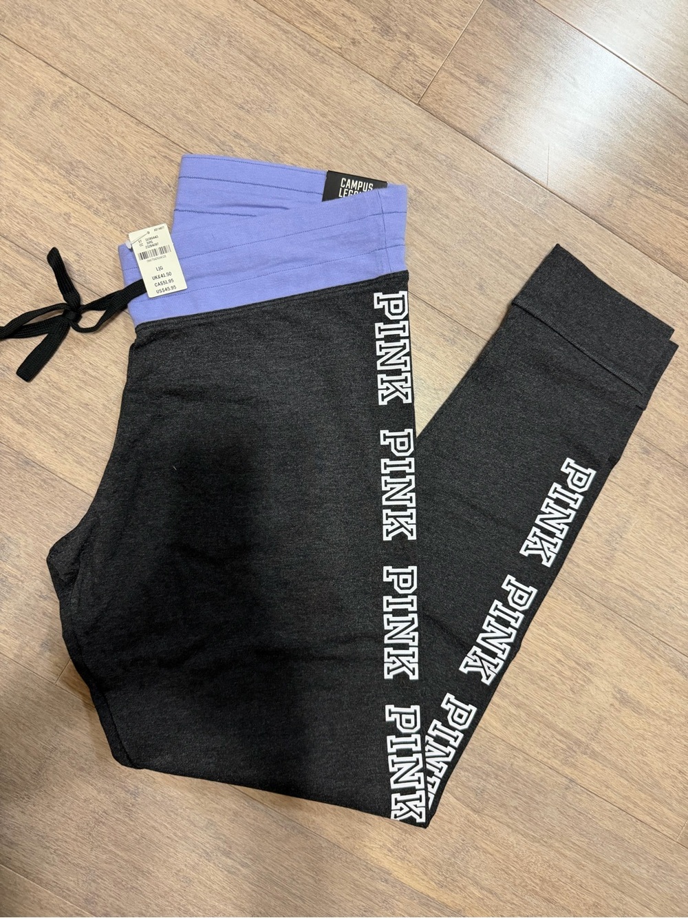 PINK Victoria's Secret Black Leggings with Purple Fold-Over Waistband